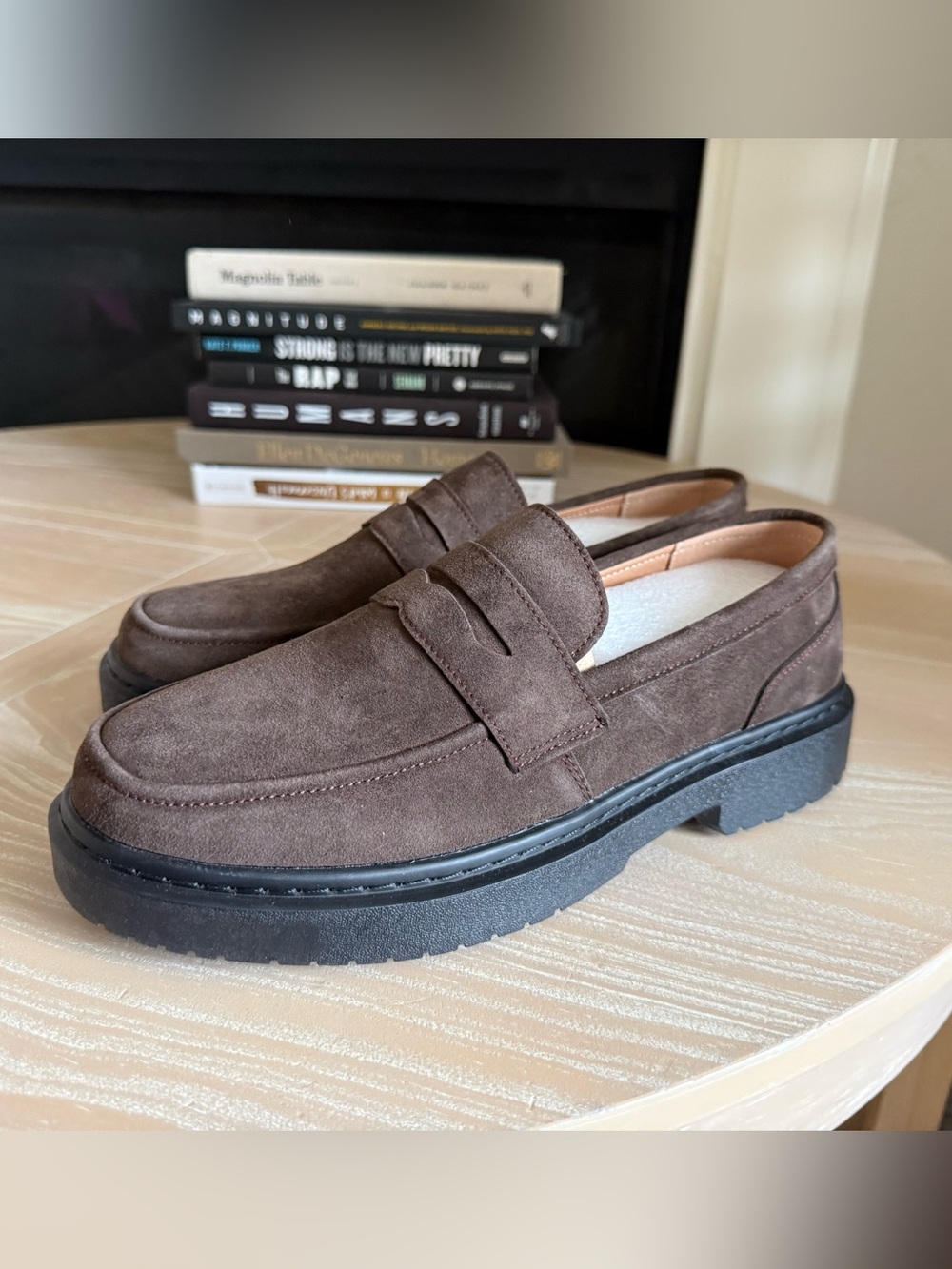 Beauseen|Chocolate brown chunky Suede Penny Loafers-Classic Casual Dress Shoes•